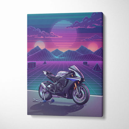 Yamaha R1M Inspired White Blue Motorcycle Canvas Wall Art Vaporwave Sunset Sportbike Garage Decor Retro Futuristic Racing Artwork