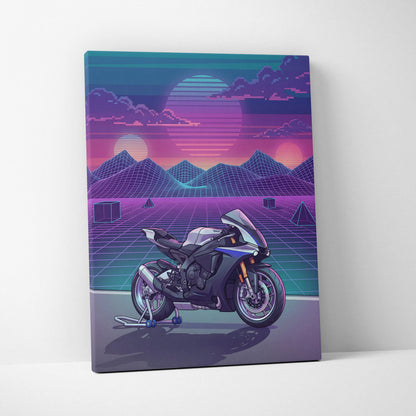 Yamaha R1M Inspired White Blue Motorcycle Canvas Wall Art Vaporwave Sunset Sportbike Garage Decor Retro Futuristic Racing Artwork