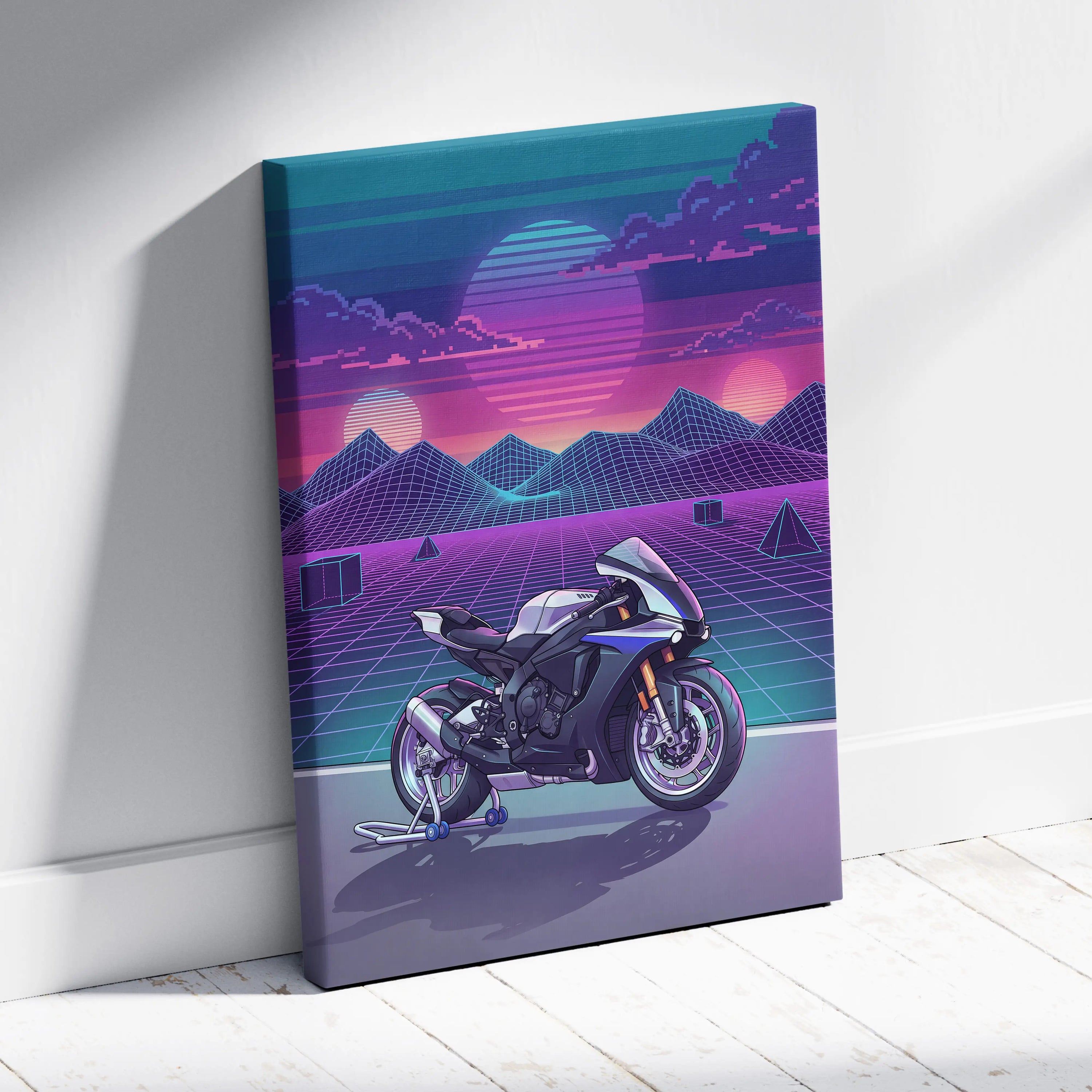 Yamaha R1M Inspired White Blue Motorcycle Canvas Wall Art Vaporwave Sunset Sportbike Garage Decor Retro Futuristic Racing Artwork