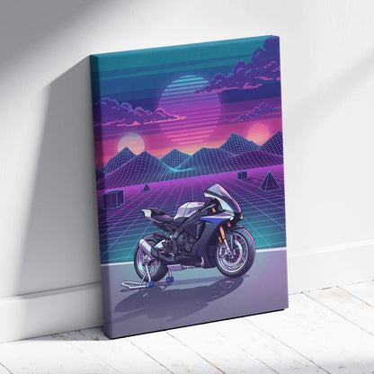 Yamaha R1M Inspired White Blue Motorcycle Canvas Wall Art Vaporwave Sunset Sportbike Garage Decor Retro Futuristic Racing Artwork