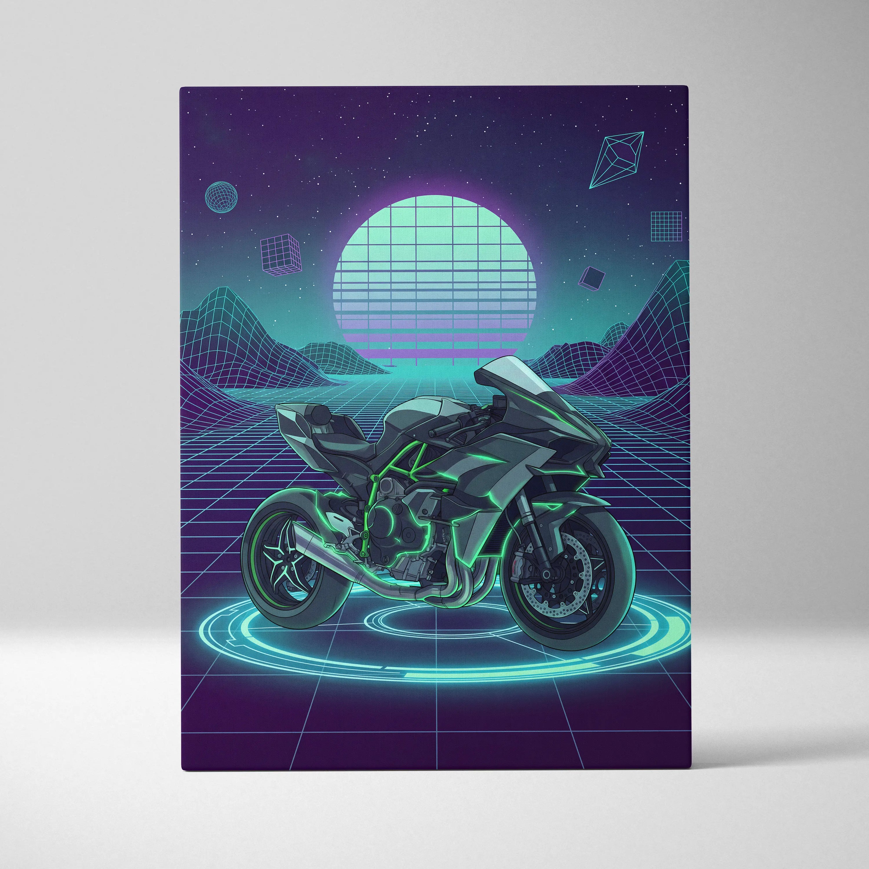 Kawasaki Ninja H2 Inspired Green Black Motorcycle Canvas Wall Art Vaporwave Neon Sportbike Garage Decor Futuristic Cyberpunk Racing Artwork