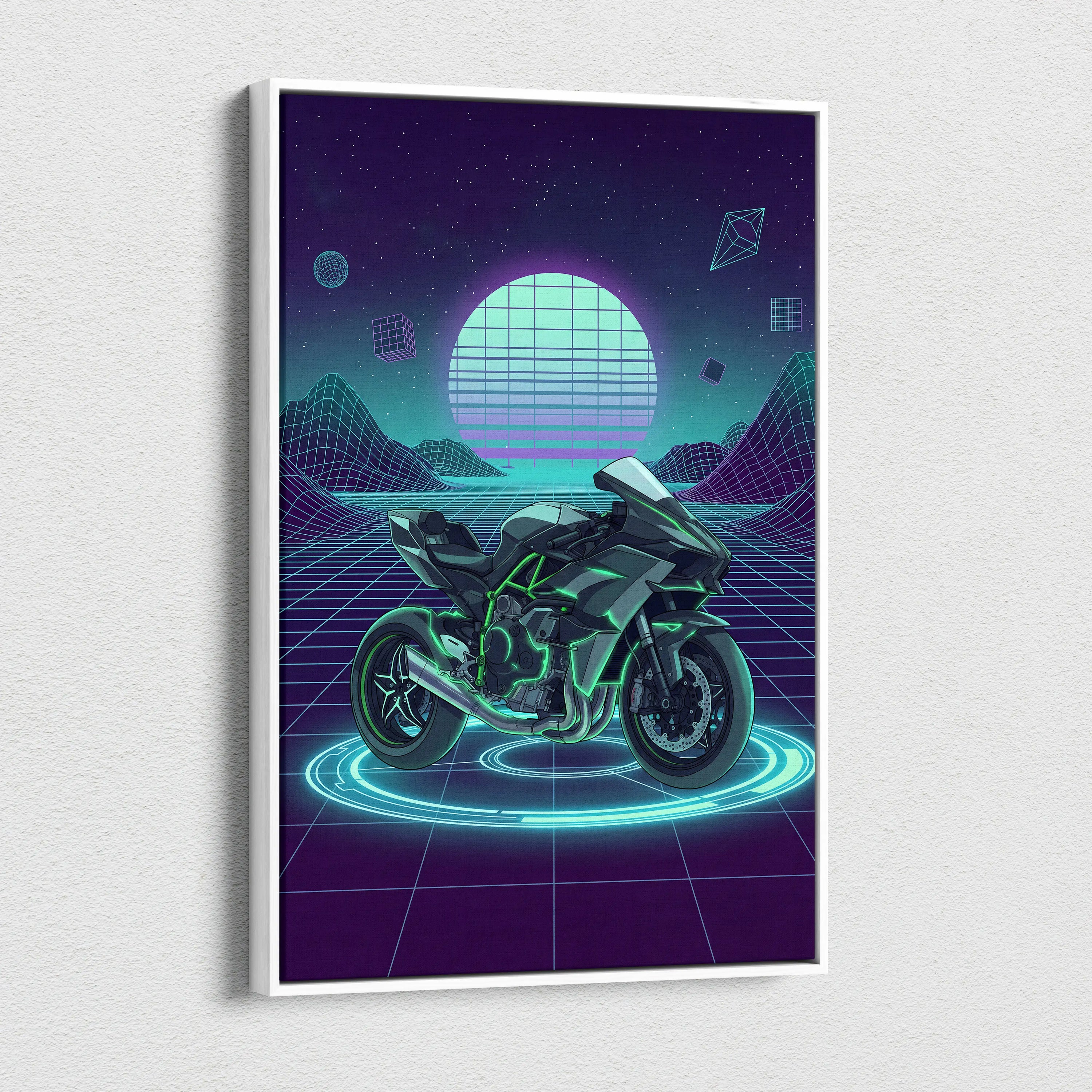 Kawasaki Ninja H2 Inspired Green Black Motorcycle Canvas Wall Art Vaporwave Neon Sportbike Garage Decor Futuristic Cyberpunk Racing Artwork