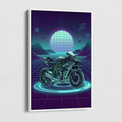 Kawasaki Ninja H2 Inspired Green Black Motorcycle Canvas Wall Art Vaporwave Neon Sportbike Garage Decor Futuristic Cyberpunk Racing Artwork