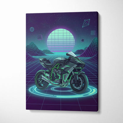 Kawasaki Ninja H2 Inspired Green Black Motorcycle Canvas Wall Art Vaporwave Neon Sportbike Garage Decor Futuristic Cyberpunk Racing Artwork