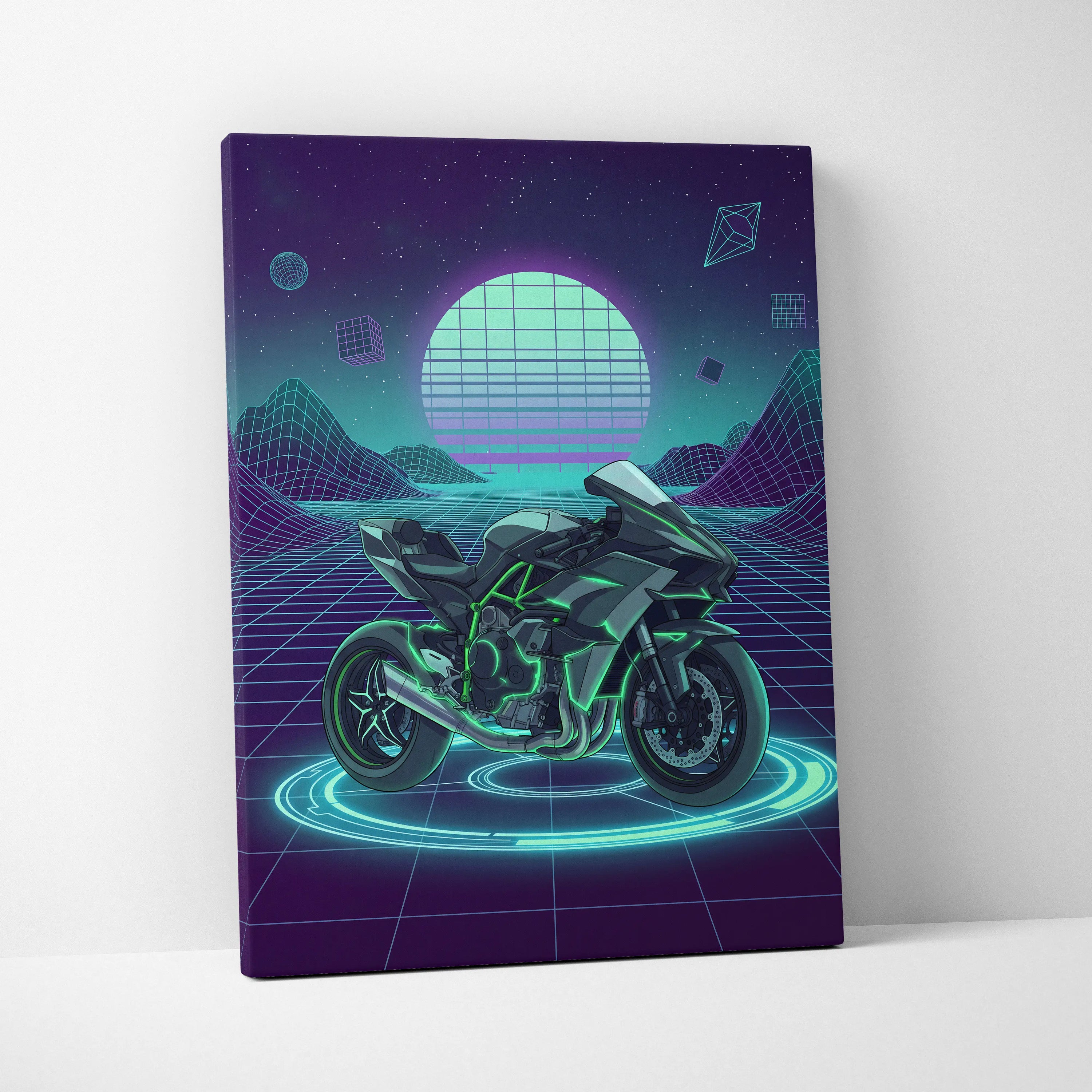 Kawasaki Ninja H2 Inspired Green Black Motorcycle Canvas Wall Art Vaporwave Neon Sportbike Garage Decor Futuristic Cyberpunk Racing Artwork