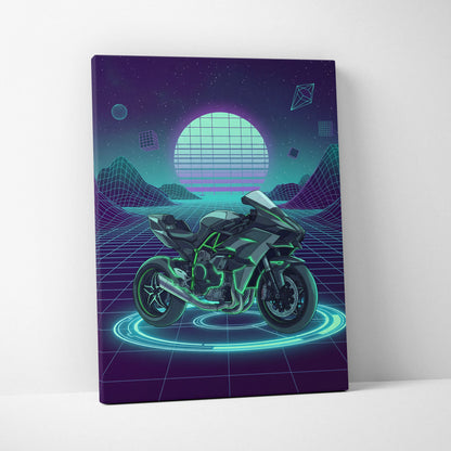 Kawasaki Ninja H2 Inspired Green Black Motorcycle Canvas Wall Art Vaporwave Neon Sportbike Garage Decor Futuristic Cyberpunk Racing Artwork