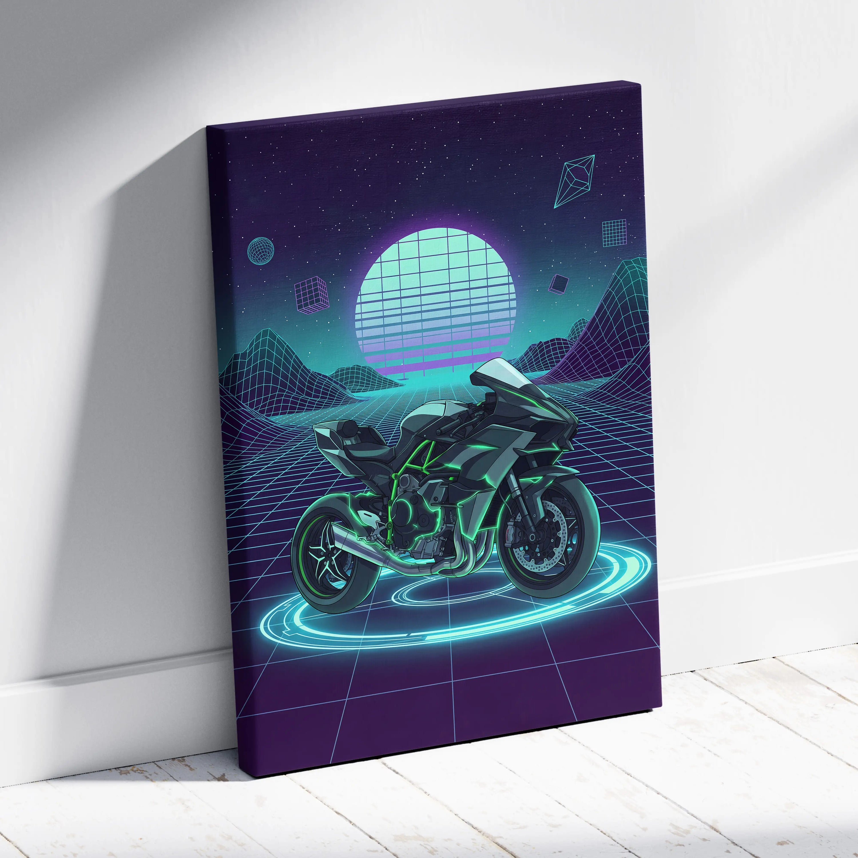 Kawasaki Ninja H2 Inspired Green Black Motorcycle Canvas Wall Art Vaporwave Neon Sportbike Garage Decor Futuristic Cyberpunk Racing Artwork
