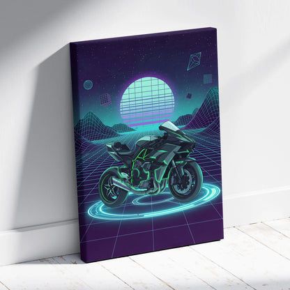 Kawasaki Ninja H2 Inspired Green Black Motorcycle Canvas Wall Art Vaporwave Neon Sportbike Garage Decor Futuristic Cyberpunk Racing Artwork
