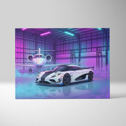 Koenigsegg Agera RS Inspired White Purple Canvas Wall Art, Vaporwave Hypercar Artwork, Neon Jet Hangar Decor, Retro Futuristic Exotic Car Print
