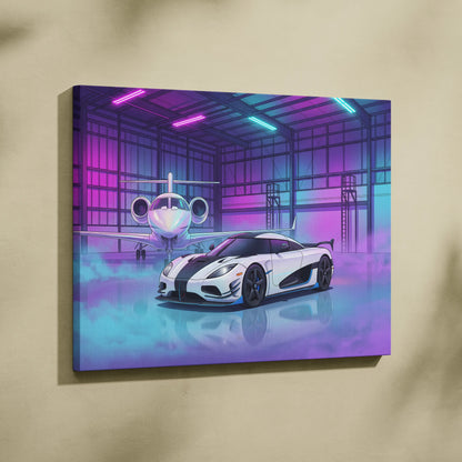 Koenigsegg Agera RS Inspired White Purple Canvas Wall Art, Vaporwave Hypercar Artwork, Neon Jet Hangar Decor, Retro Futuristic Exotic Car Print
