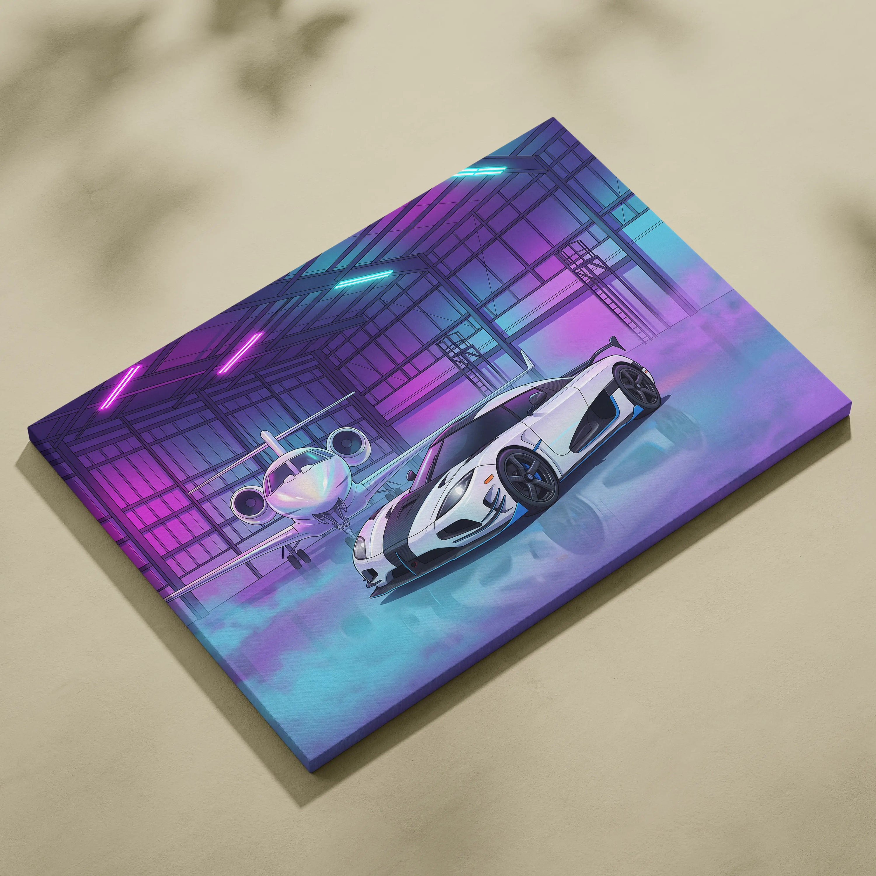 Koenigsegg Agera RS Inspired White Purple Canvas Wall Art, Vaporwave Hypercar Artwork, Neon Jet Hangar Decor, Retro Futuristic Exotic Car Print