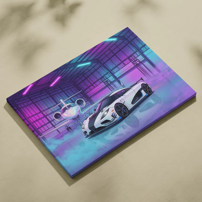 Koenigsegg Agera RS Inspired White Purple Canvas Wall Art, Vaporwave Hypercar Artwork, Neon Jet Hangar Decor, Retro Futuristic Exotic Car Print