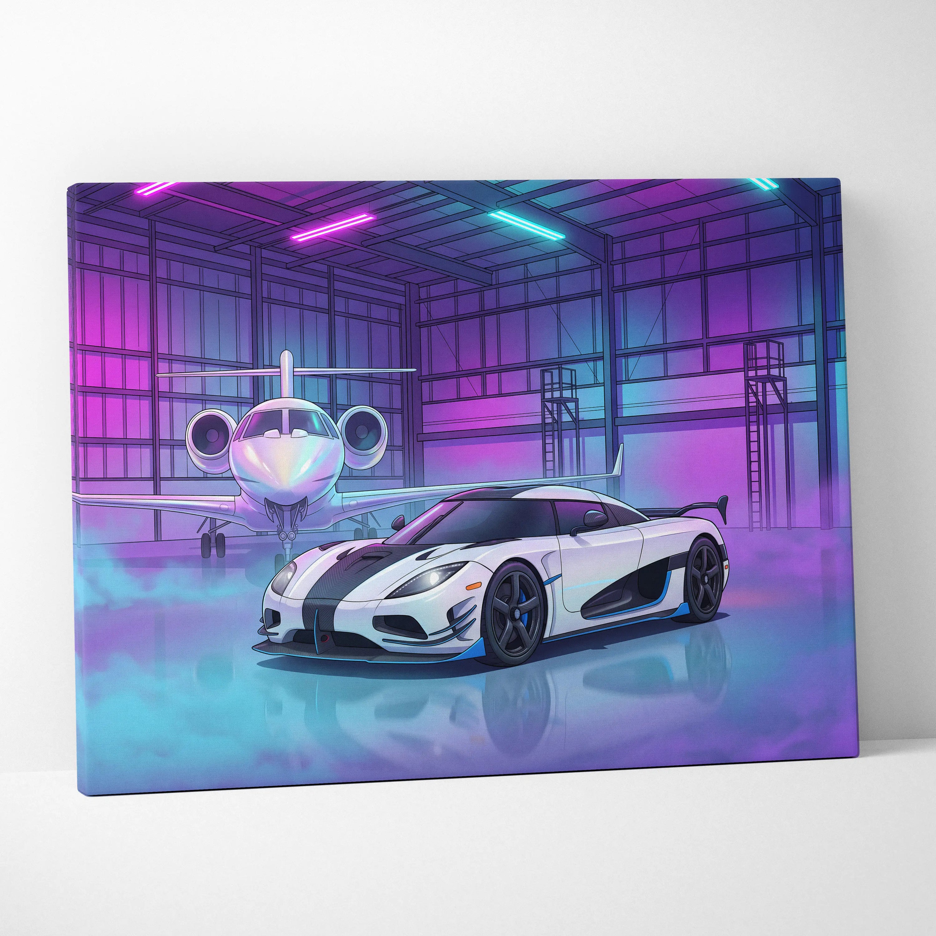 Koenigsegg Agera RS Inspired White Purple Canvas Wall Art, Vaporwave Hypercar Artwork, Neon Jet Hangar Decor, Retro Futuristic Exotic Car Print