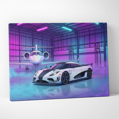 Koenigsegg Agera RS Inspired White Purple Canvas Wall Art, Vaporwave Hypercar Artwork, Neon Jet Hangar Decor, Retro Futuristic Exotic Car Print