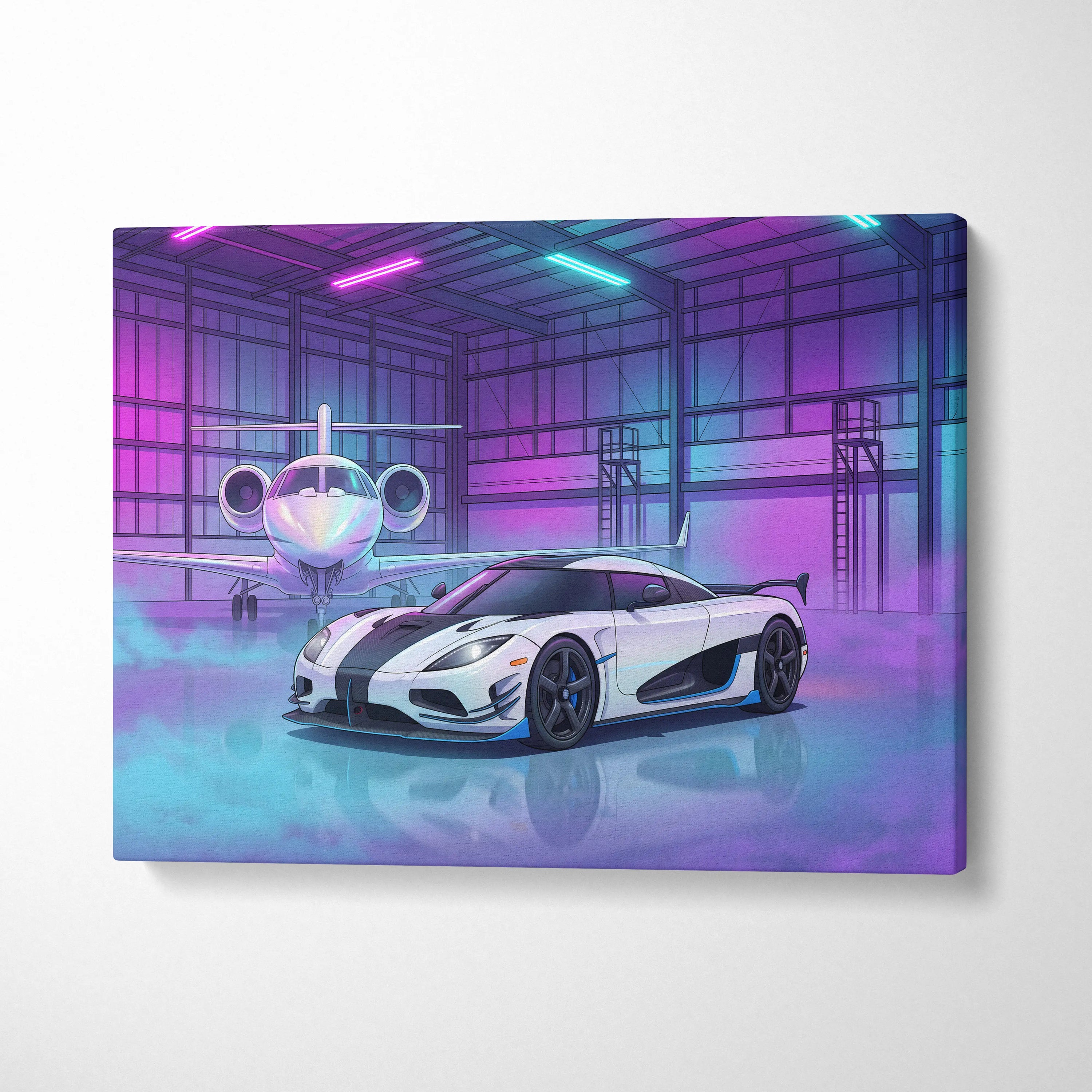 Koenigsegg Agera RS Inspired White Purple Canvas Wall Art, Vaporwave Hypercar Artwork, Neon Jet Hangar Decor, Retro Futuristic Exotic Car Print