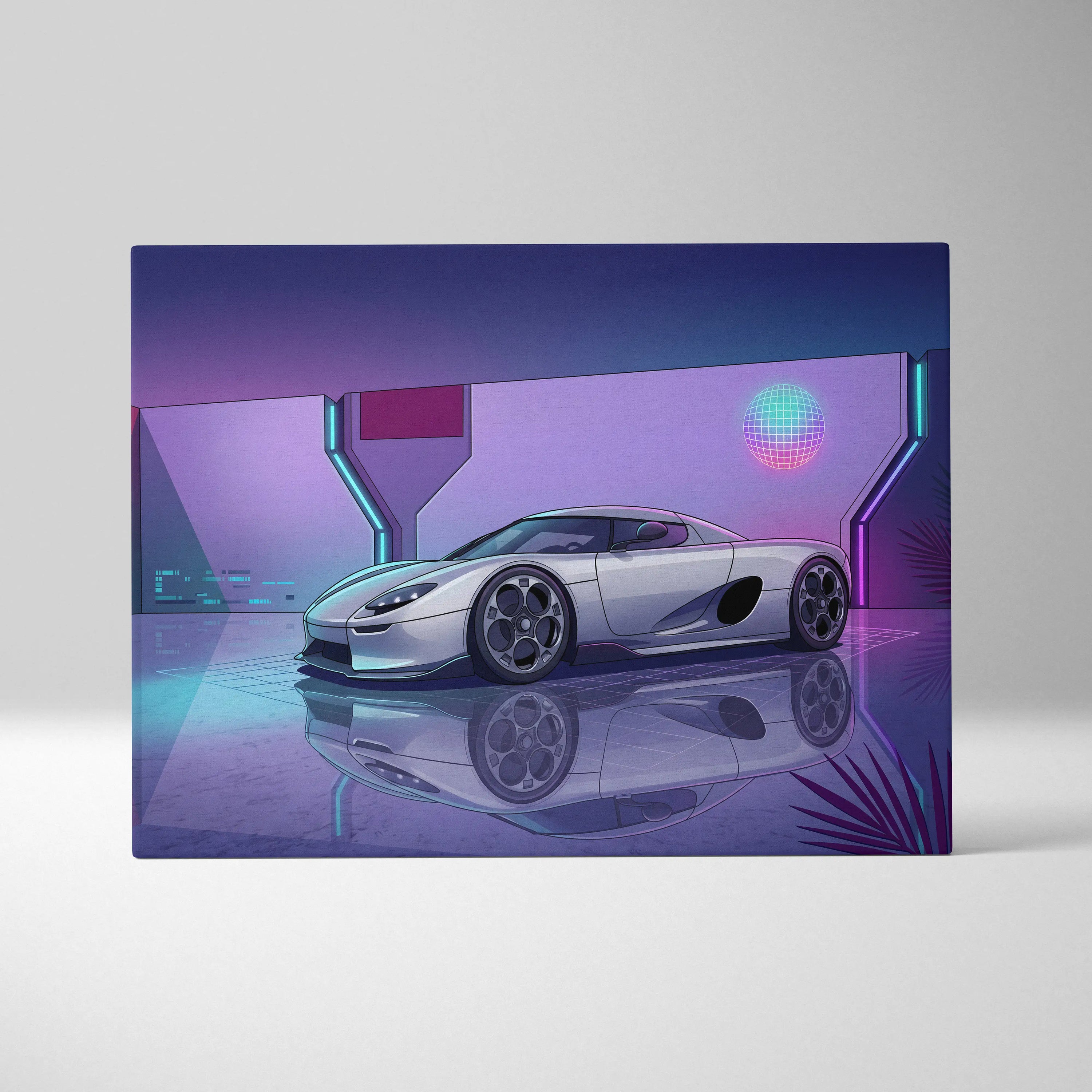 Koenigsegg CCX Inspired Silver Purple Canvas Wall Art, Vaporwave Hypercar Artwork, Neon Grid Garage Decor, Retro Futuristic Exotic Print