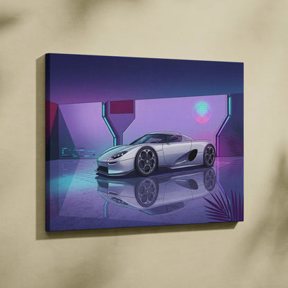 Koenigsegg CCX Inspired Silver Purple Canvas Wall Art, Vaporwave Hypercar Artwork, Neon Grid Garage Decor, Retro Futuristic Exotic Print