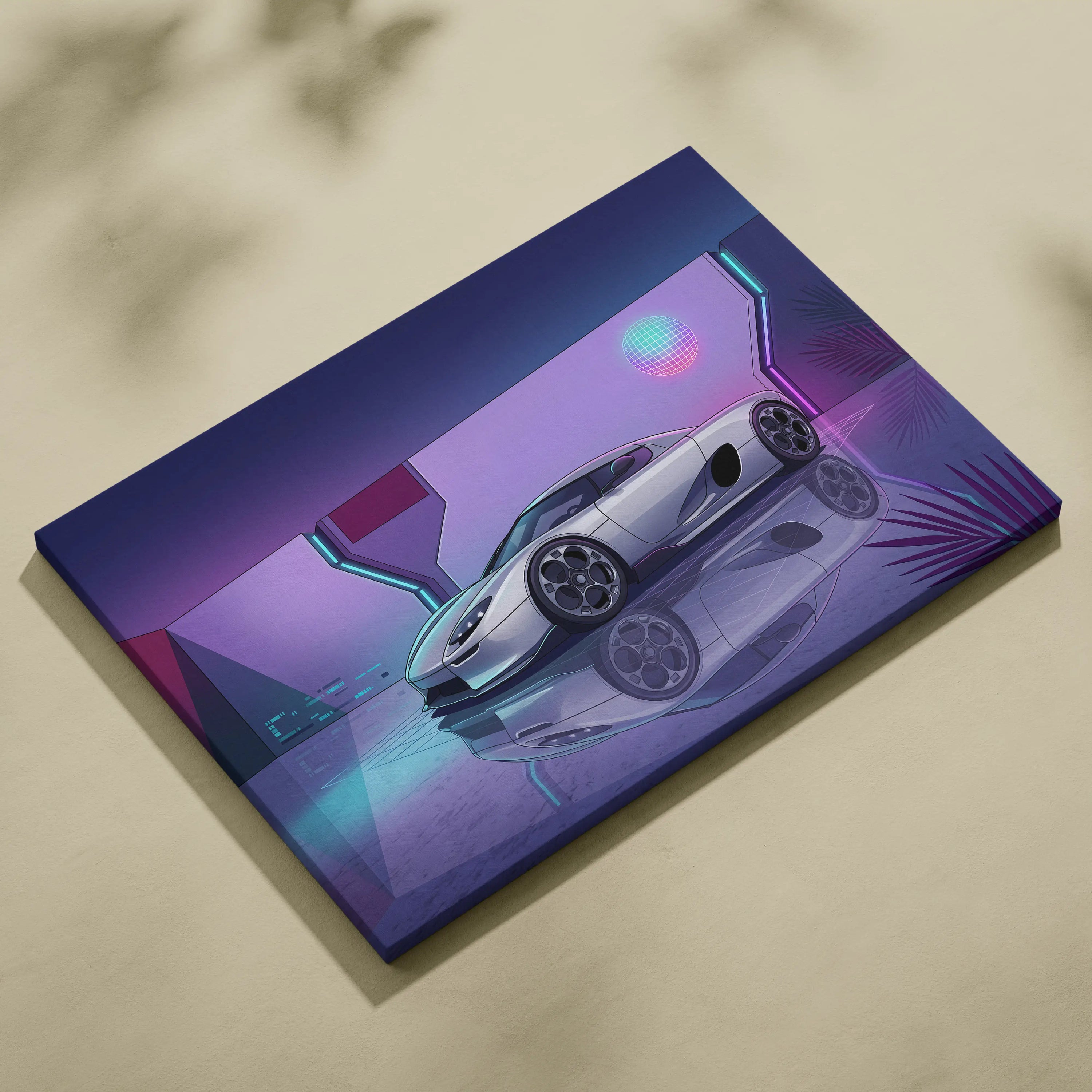 Koenigsegg CCX Inspired Silver Purple Canvas Wall Art, Vaporwave Hypercar Artwork, Neon Grid Garage Decor, Retro Futuristic Exotic Print