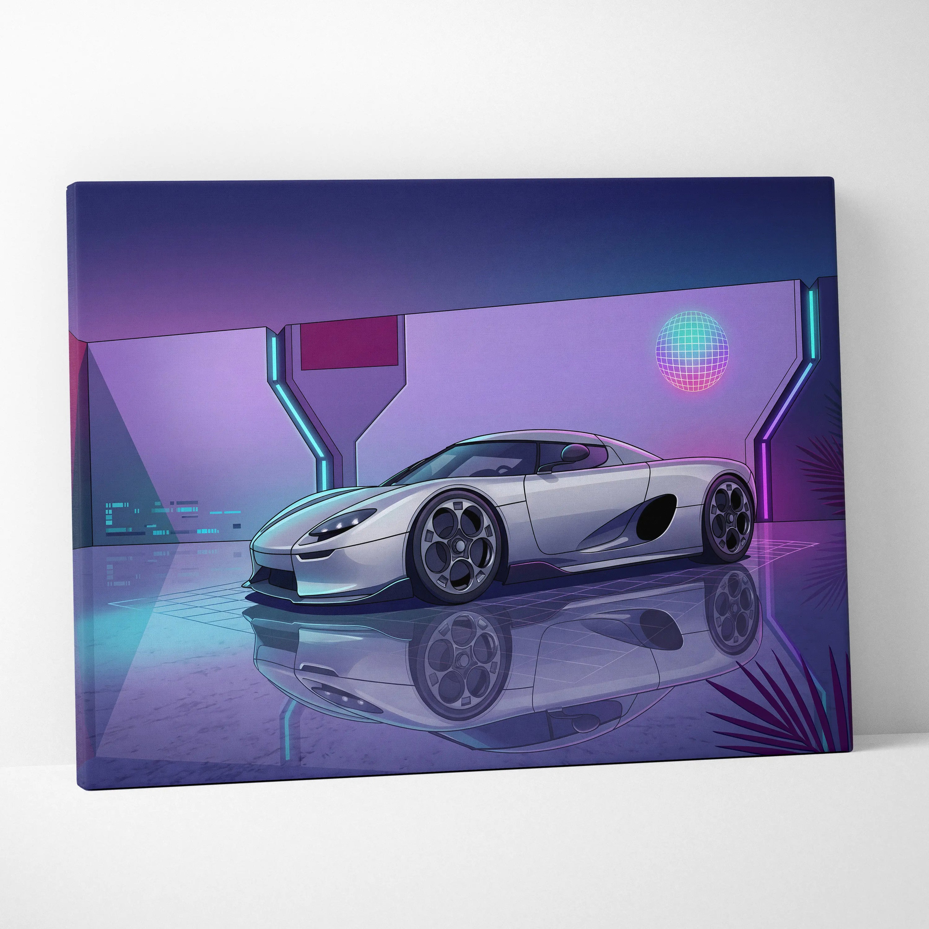 Koenigsegg CCX Inspired Silver Purple Canvas Wall Art, Vaporwave Hypercar Artwork, Neon Grid Garage Decor, Retro Futuristic Exotic Print