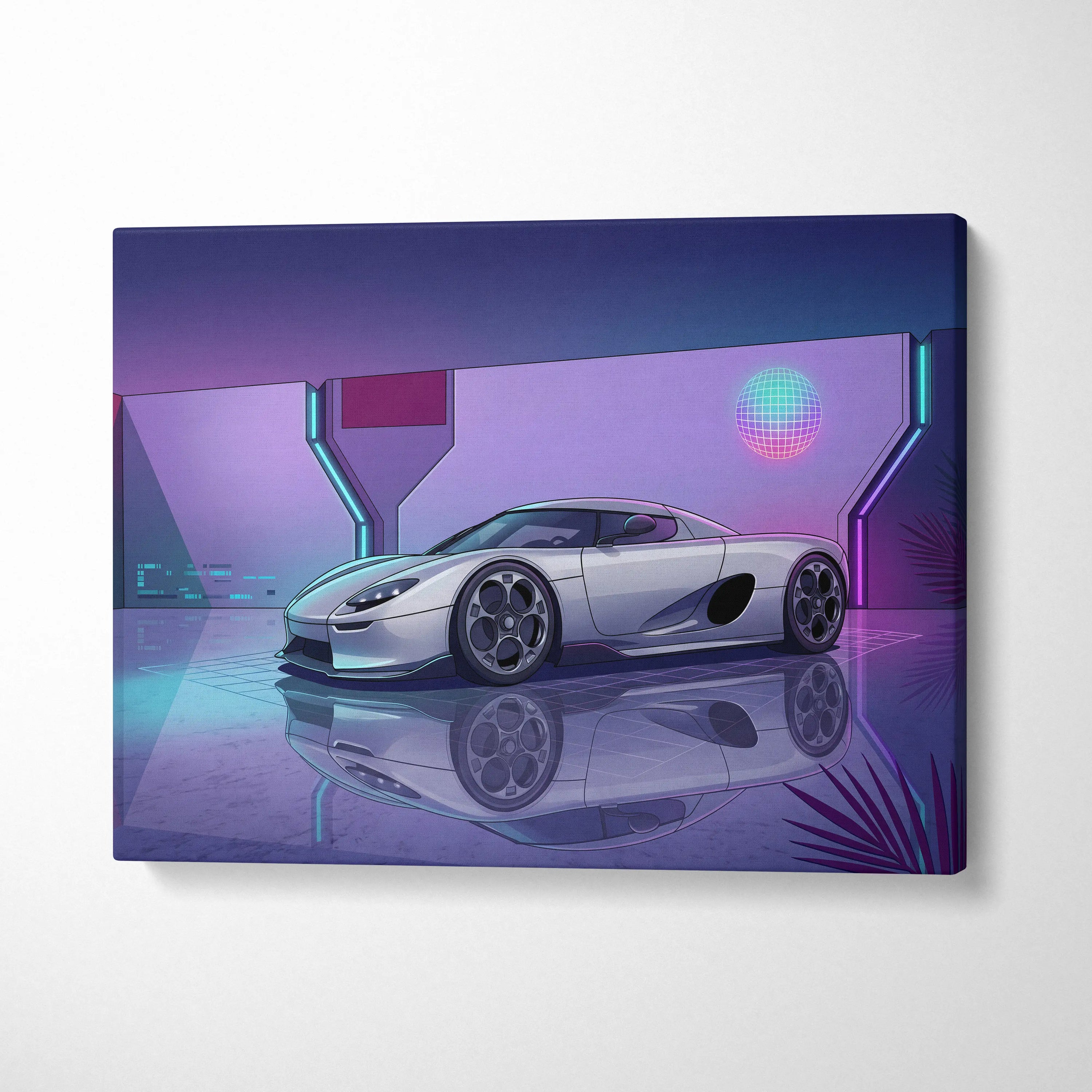 Koenigsegg CCX Inspired Silver Purple Canvas Wall Art, Vaporwave Hypercar Artwork, Neon Grid Garage Decor, Retro Futuristic Exotic Print