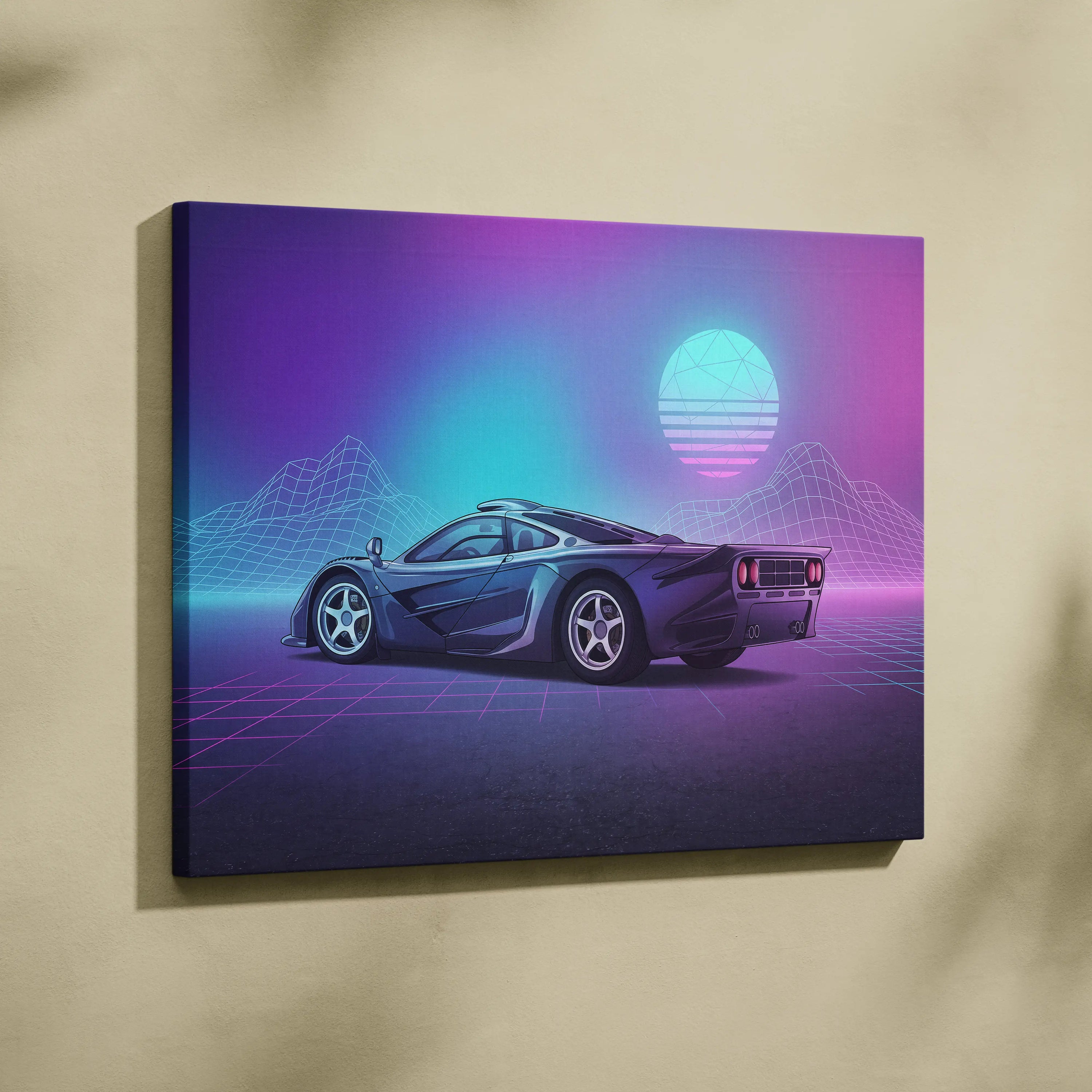McLaren F1 Inspired Black Purple Canvas Wall Art Vaporwave Neon Grid Hypercar Artwork, Retro Futuristic Garage Decor