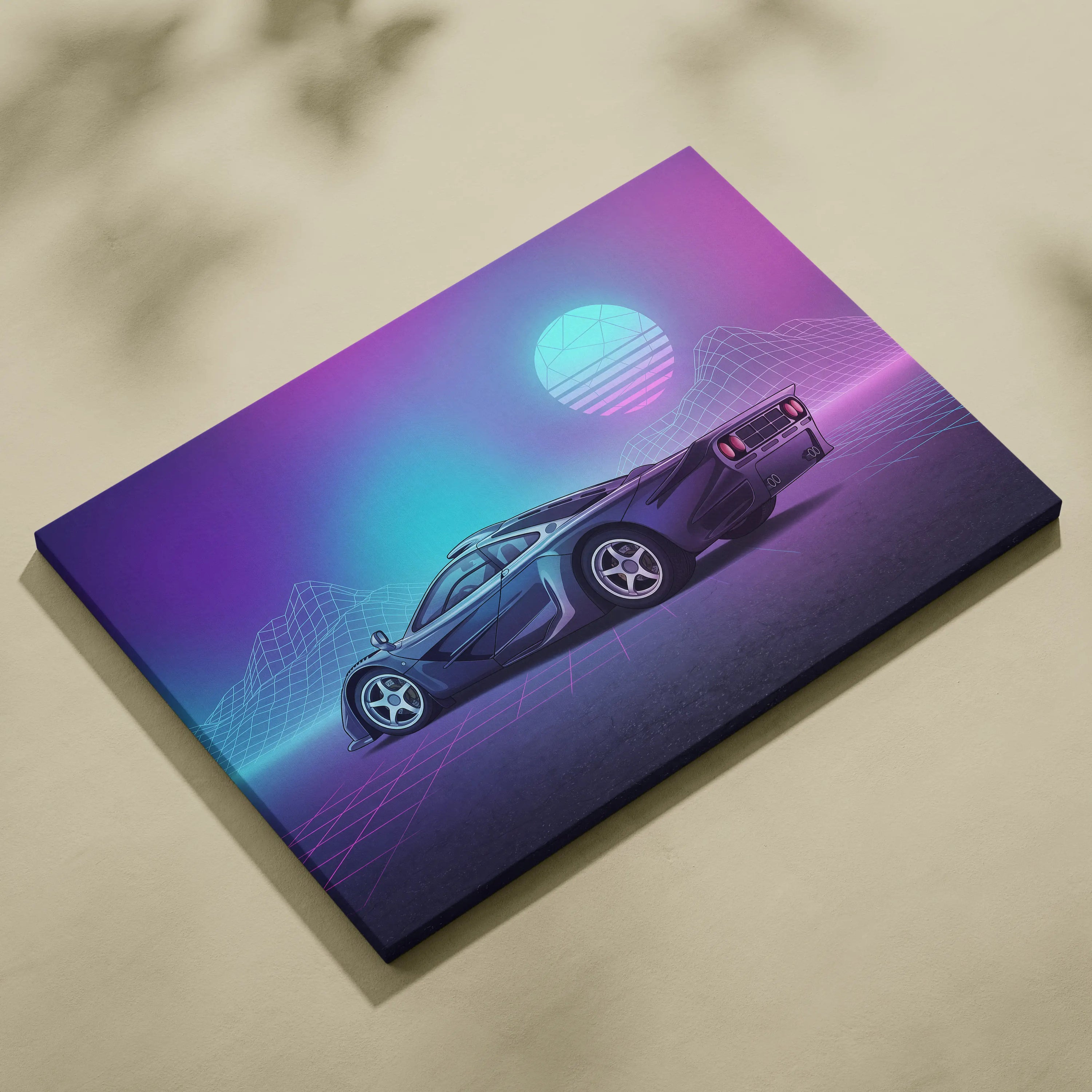 McLaren F1 Inspired Black Purple Canvas Wall Art Vaporwave Neon Grid Hypercar Artwork, Retro Futuristic Garage Decor