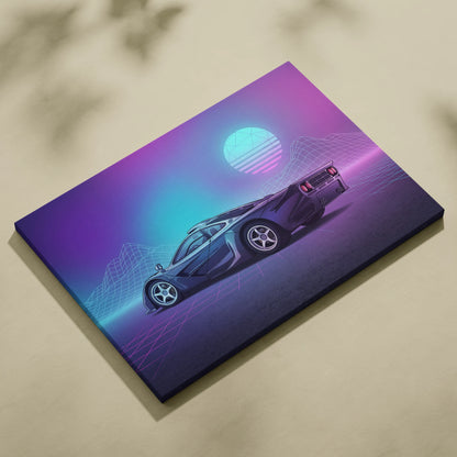 McLaren F1 Inspired Black Purple Canvas Wall Art Vaporwave Neon Grid Hypercar Artwork, Retro Futuristic Garage Decor