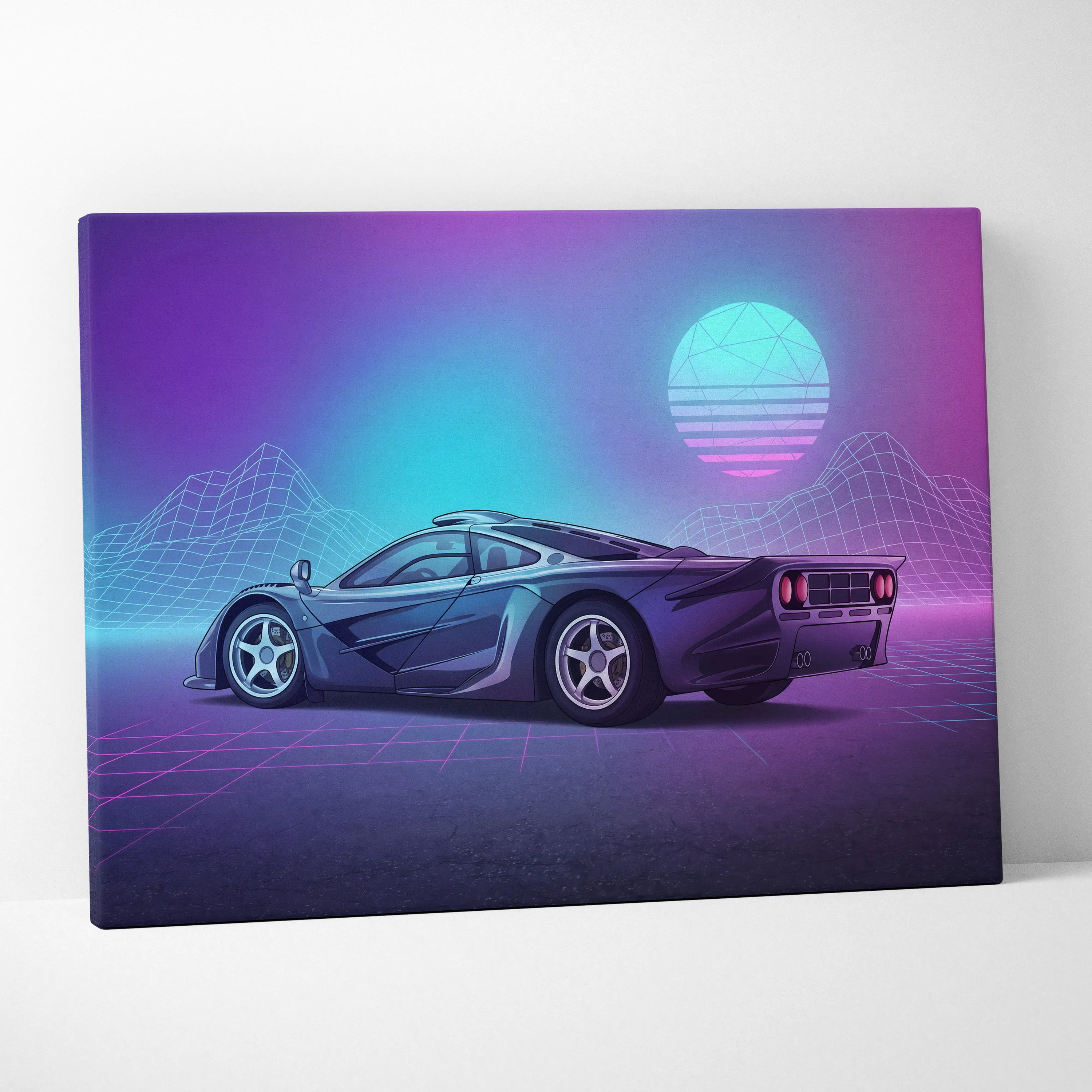 McLaren F1 Inspired Black Purple Canvas Wall Art Vaporwave Neon Grid Hypercar Artwork, Retro Futuristic Garage Decor
