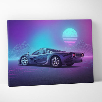 McLaren F1 Inspired Black Purple Canvas Wall Art Vaporwave Neon Grid Hypercar Artwork, Retro Futuristic Garage Decor