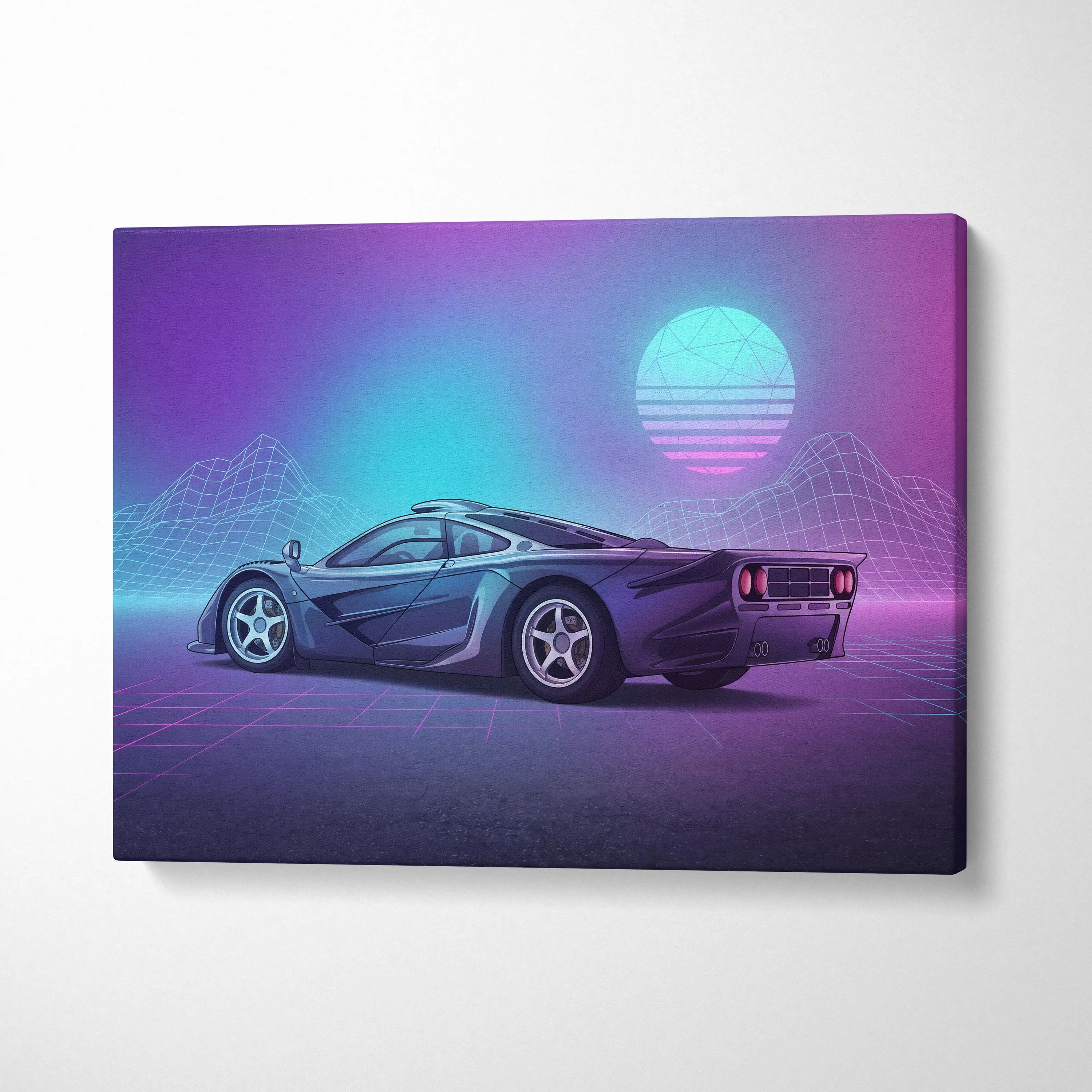 McLaren F1 Inspired Black Purple Canvas Wall Art Vaporwave Neon Grid Hypercar Artwork, Retro Futuristic Garage Decor