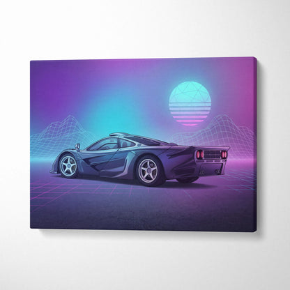 McLaren F1 Inspired Black Purple Canvas Wall Art Vaporwave Neon Grid Hypercar Artwork, Retro Futuristic Garage Decor