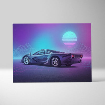 McLaren F1 Inspired Black Purple Canvas Wall Art Vaporwave Neon Grid Hypercar Artwork, Retro Futuristic Garage Decor