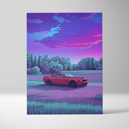 Dodge Challenger Inspired Red Purple Forest Canvas Wall Art Vaporwave Muscle Car Artwork, Moody Mountain Road Garage Decor Retro Futuristic Print