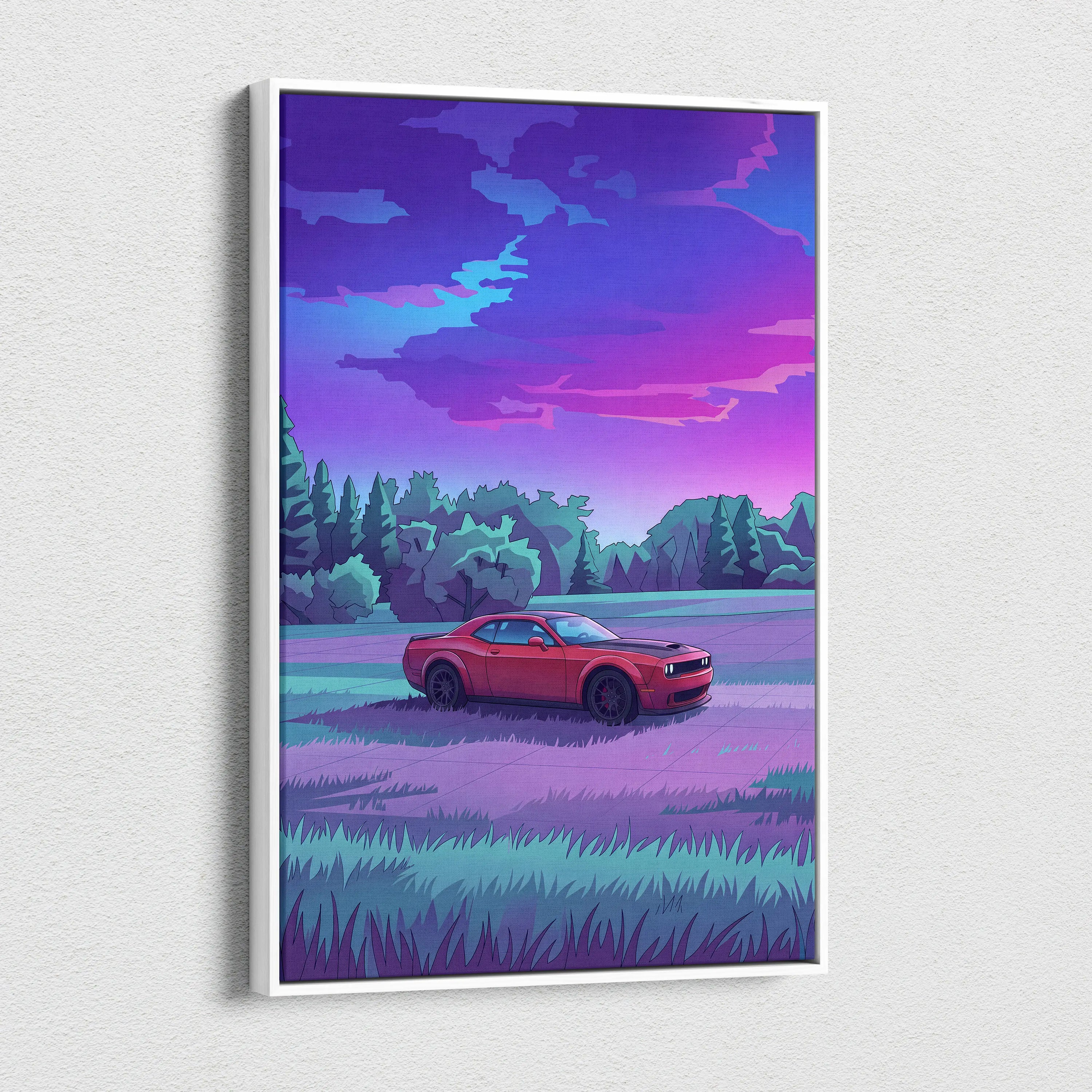 Dodge Challenger Inspired Red Purple Forest Canvas Wall Art Vaporwave Muscle Car Artwork, Moody Mountain Road Garage Decor Retro Futuristic Print