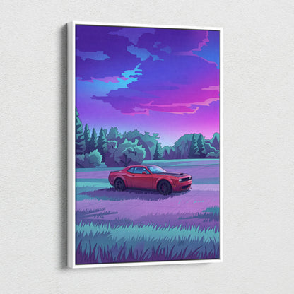 Dodge Challenger Inspired Red Purple Forest Canvas Wall Art Vaporwave Muscle Car Artwork, Moody Mountain Road Garage Decor Retro Futuristic Print