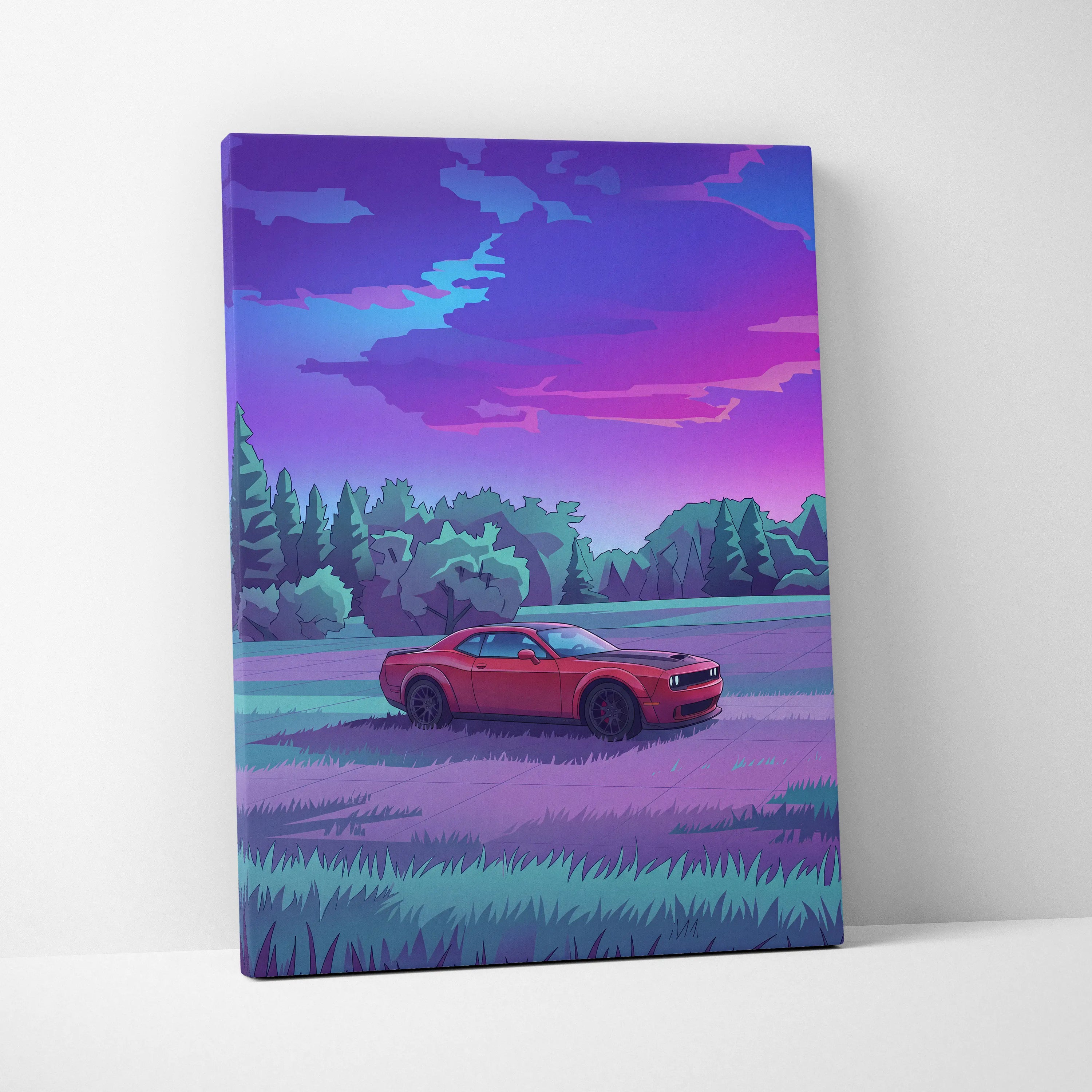 Dodge Challenger Inspired Red Purple Forest Canvas Wall Art Vaporwave Muscle Car Artwork, Moody Mountain Road Garage Decor Retro Futuristic Print