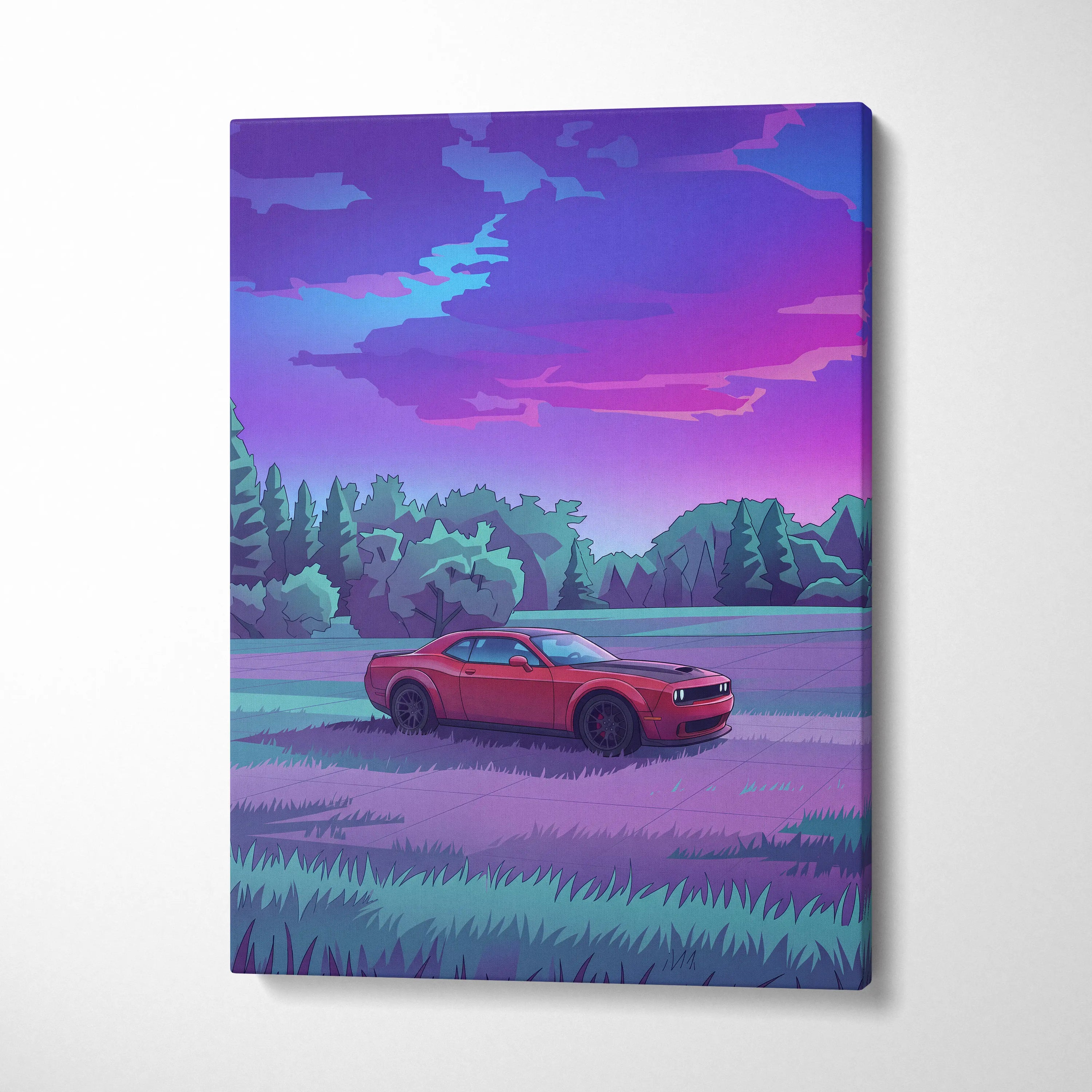 Dodge Challenger Inspired Red Purple Forest Canvas Wall Art Vaporwave Muscle Car Artwork, Moody Mountain Road Garage Decor Retro Futuristic Print