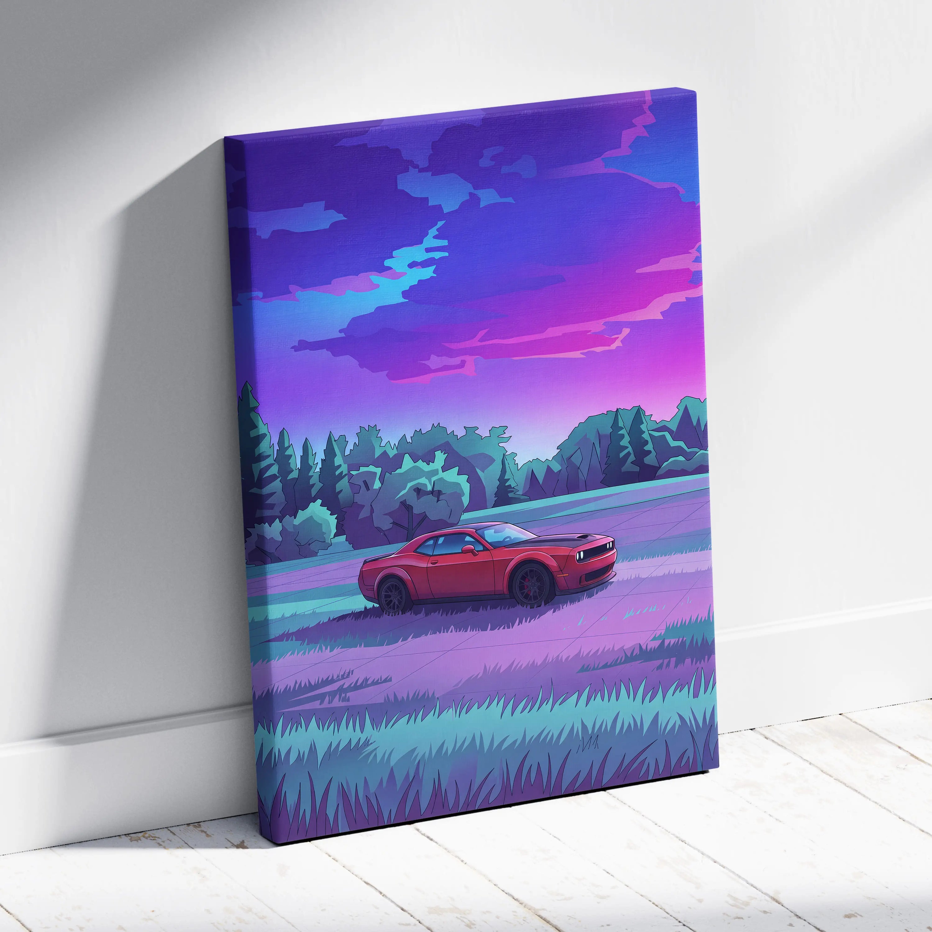 Dodge Challenger Inspired Red Purple Forest Canvas Wall Art Vaporwave Muscle Car Artwork, Moody Mountain Road Garage Decor Retro Futuristic Print