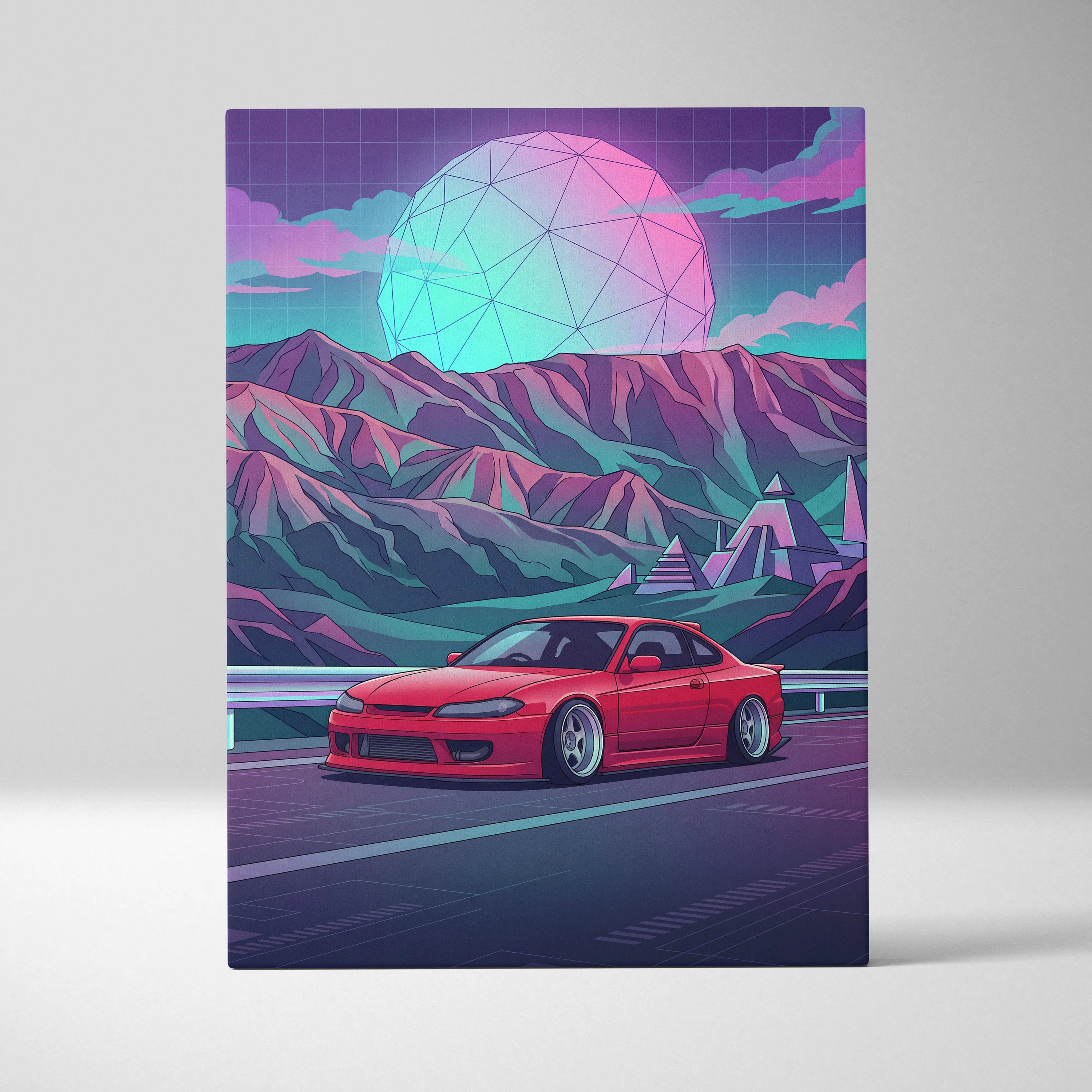 Nissan Silvia S15 Inspired Red Teal Mountain Canvas Wall Art Vaporwave JDM Car Artwork, Neon Pyramid Road Garage Decor Retro Futuristic Print