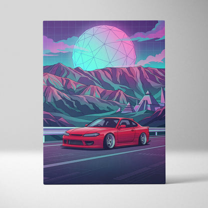 Nissan Silvia S15 Inspired Red Teal Mountain Canvas Wall Art Vaporwave JDM Car Artwork, Neon Pyramid Road Garage Decor Retro Futuristic Print