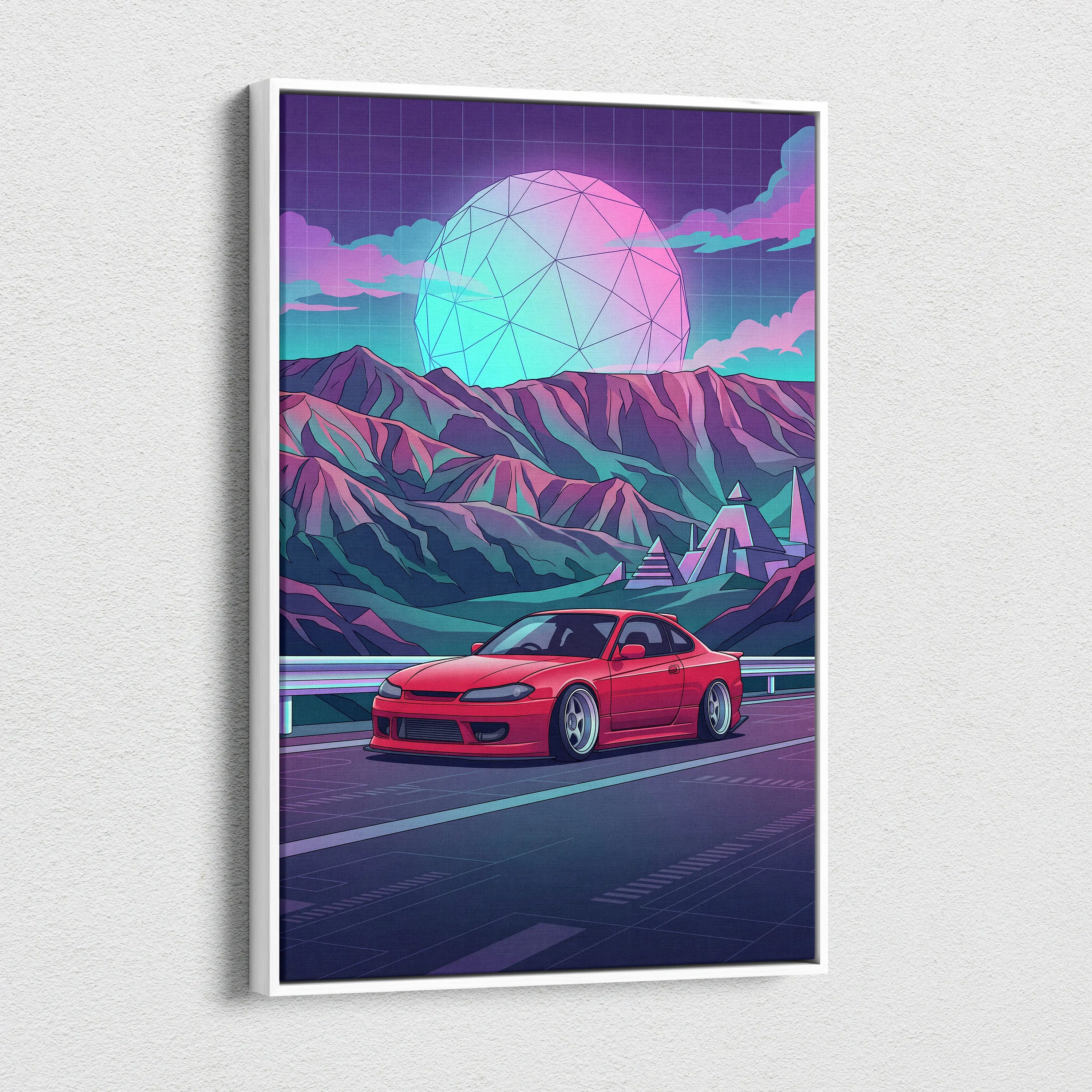 Nissan Silvia S15 Inspired Red Teal Mountain Canvas Wall Art Vaporwave JDM Car Artwork, Neon Pyramid Road Garage Decor Retro Futuristic Print