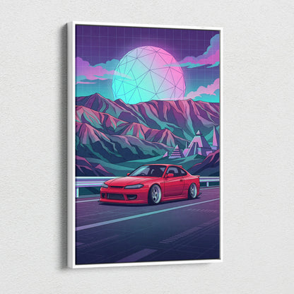 Nissan Silvia S15 Inspired Red Teal Mountain Canvas Wall Art Vaporwave JDM Car Artwork, Neon Pyramid Road Garage Decor Retro Futuristic Print