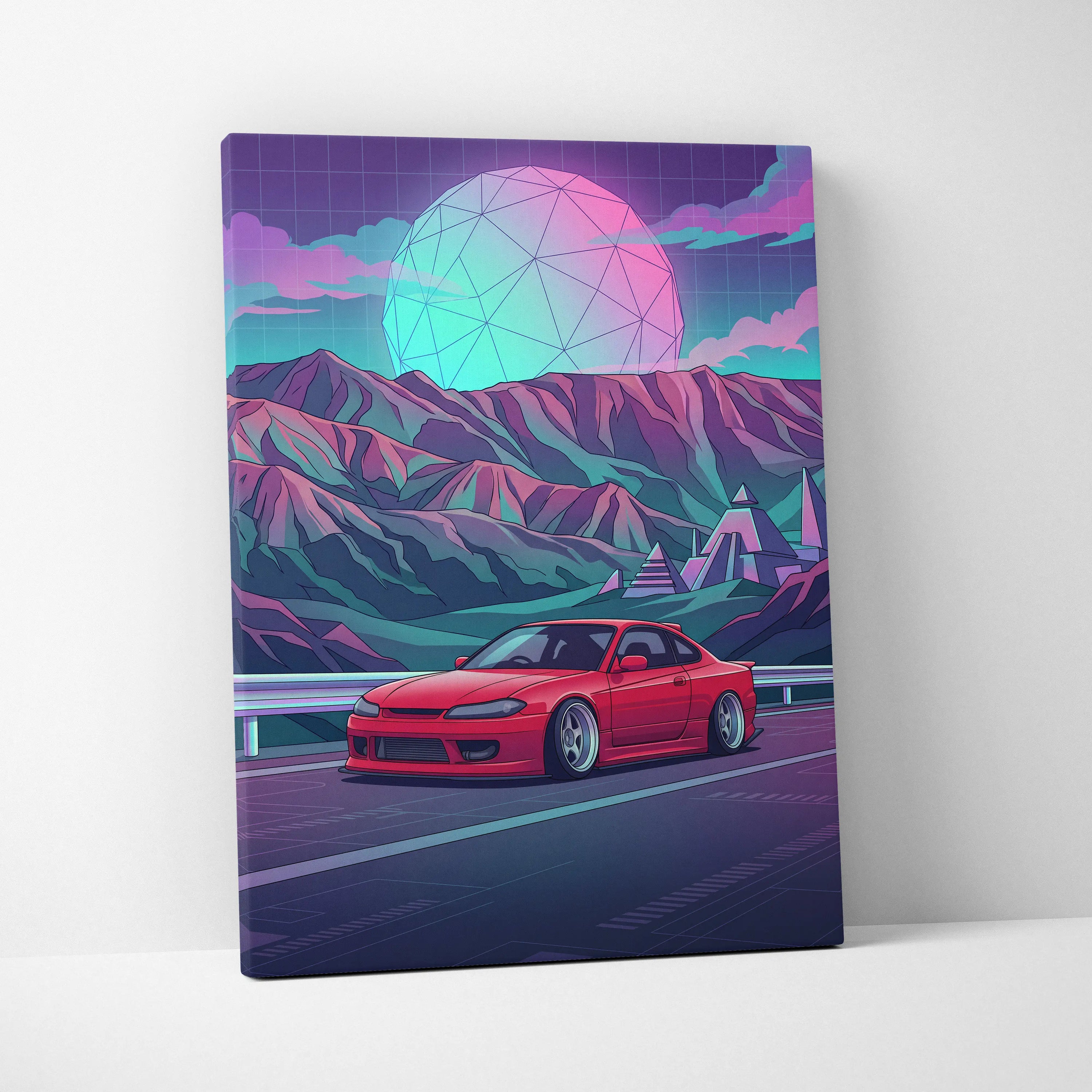 Nissan Silvia S15 Inspired Red Teal Mountain Canvas Wall Art Vaporwave JDM Car Artwork, Neon Pyramid Road Garage Decor Retro Futuristic Print