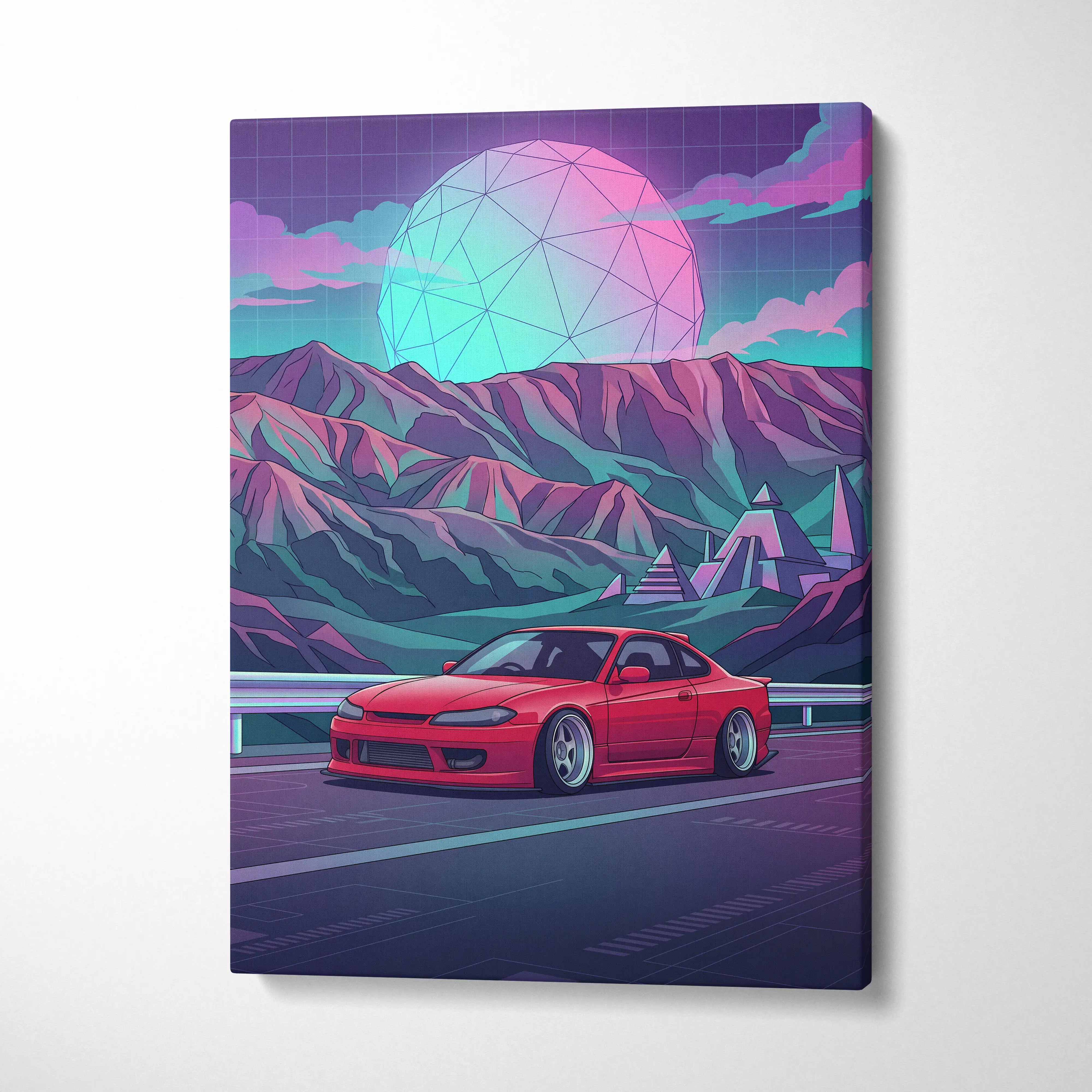 Nissan Silvia S15 Inspired Red Teal Mountain Canvas Wall Art Vaporwave JDM Car Artwork, Neon Pyramid Road Garage Decor Retro Futuristic Print