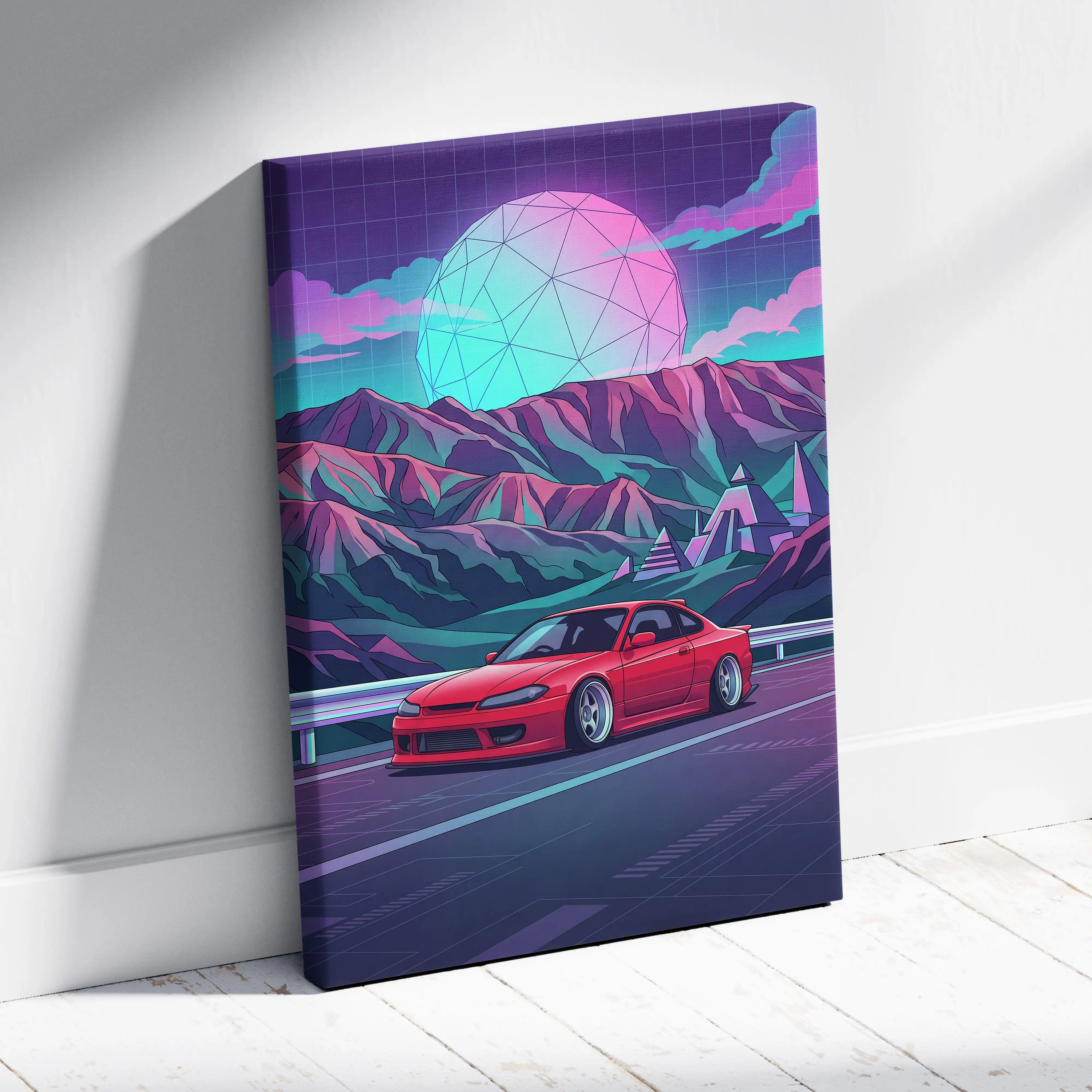 Nissan Silvia S15 Inspired Red Teal Mountain Canvas Wall Art Vaporwave JDM Car Artwork, Neon Pyramid Road Garage Decor Retro Futuristic Print