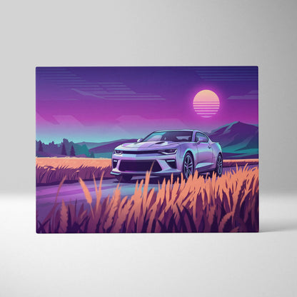 Chevrolet Camaro Inspired Silver Purple Canvas Wall Art, Vaporwave Muscle Car Artwork, Neon Mountain Garage Decor, Retro Futuristic Auto Print