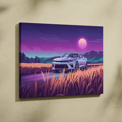 Chevrolet Camaro Inspired Silver Purple Canvas Wall Art, Vaporwave Muscle Car Artwork, Neon Mountain Garage Decor, Retro Futuristic Auto Print