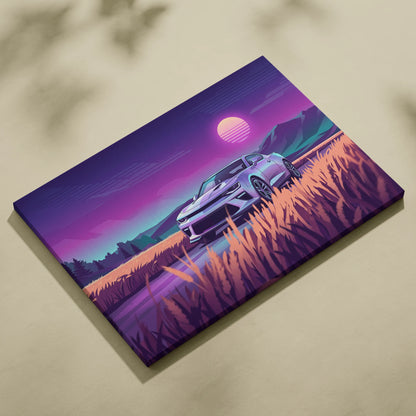 Chevrolet Camaro Inspired Silver Purple Canvas Wall Art, Vaporwave Muscle Car Artwork, Neon Mountain Garage Decor, Retro Futuristic Auto Print