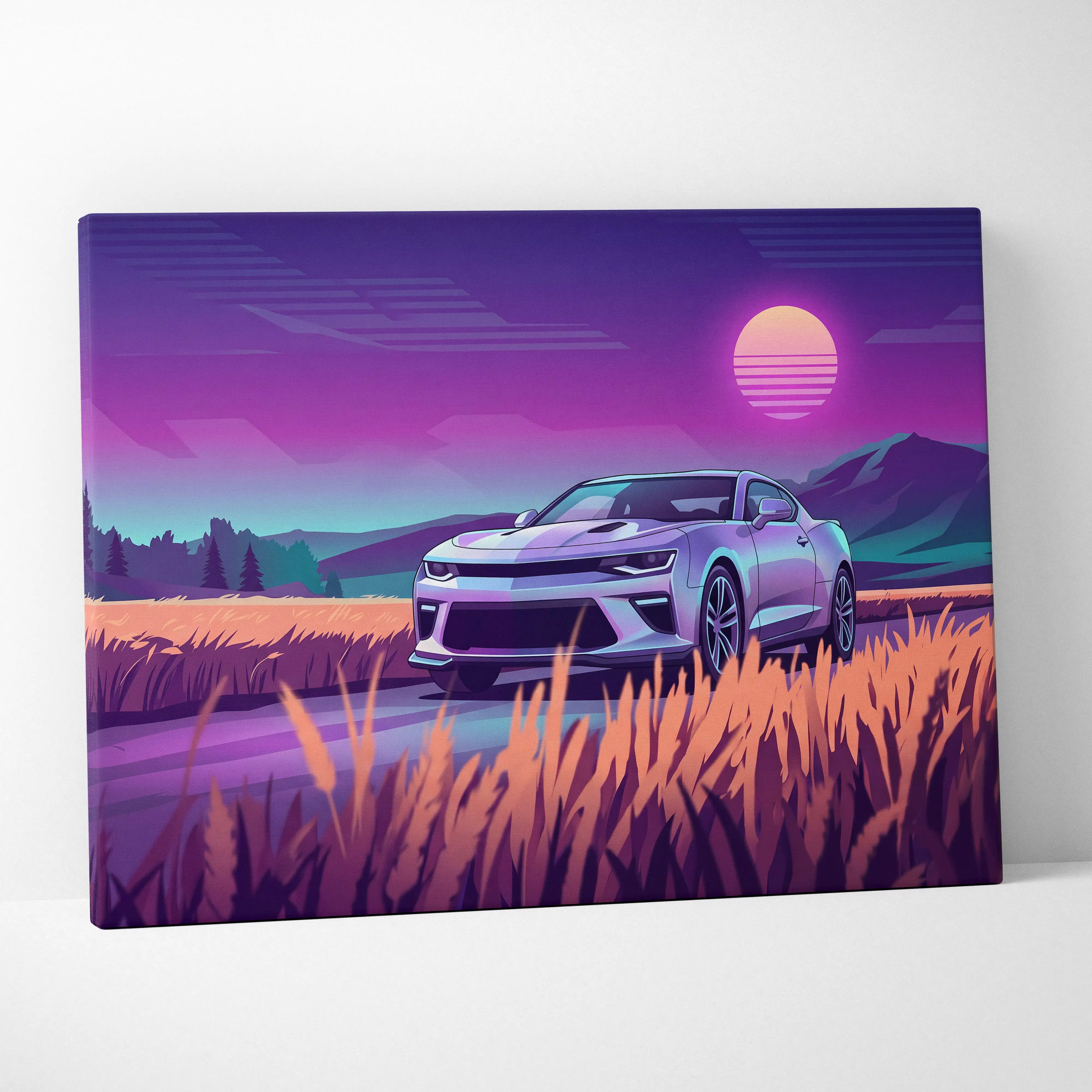 Chevrolet Camaro Inspired Silver Purple Canvas Wall Art, Vaporwave Muscle Car Artwork, Neon Mountain Garage Decor, Retro Futuristic Auto Print