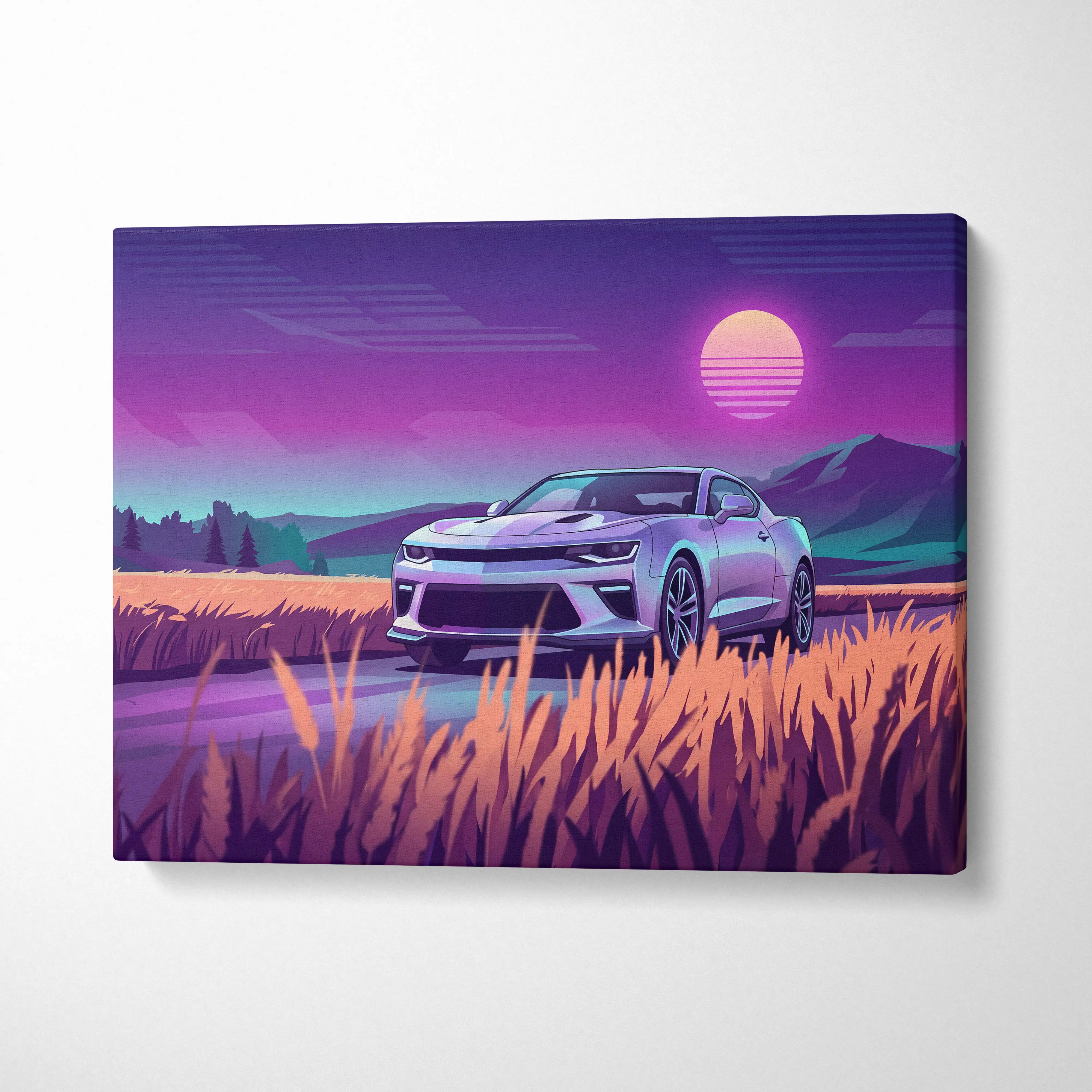Chevrolet Camaro inspired silver canvas wall art with nostalgic purple and pink sunset vaporwave muscle car design